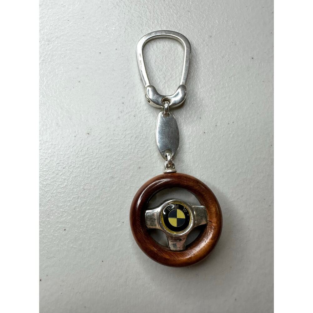 Vintage BMW Sterling Silver Wood Steering Wheel Keychain Keyring Made in Italy